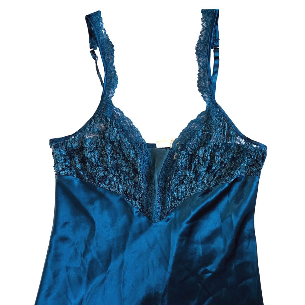 Vtg Victorias Secret Gold Label Teal Satin Lace Slip Dress Slit Nightgown M 5084